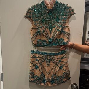 Sherri Hill Teal and Beige Embellished Set